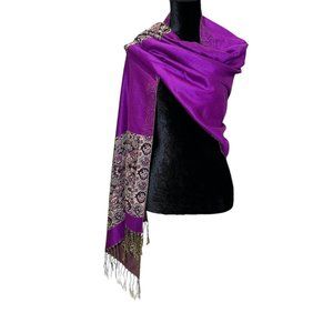 Unbranded Scarf Womens Long Rectangle Purple Floral Classic Boho Woven Fringe